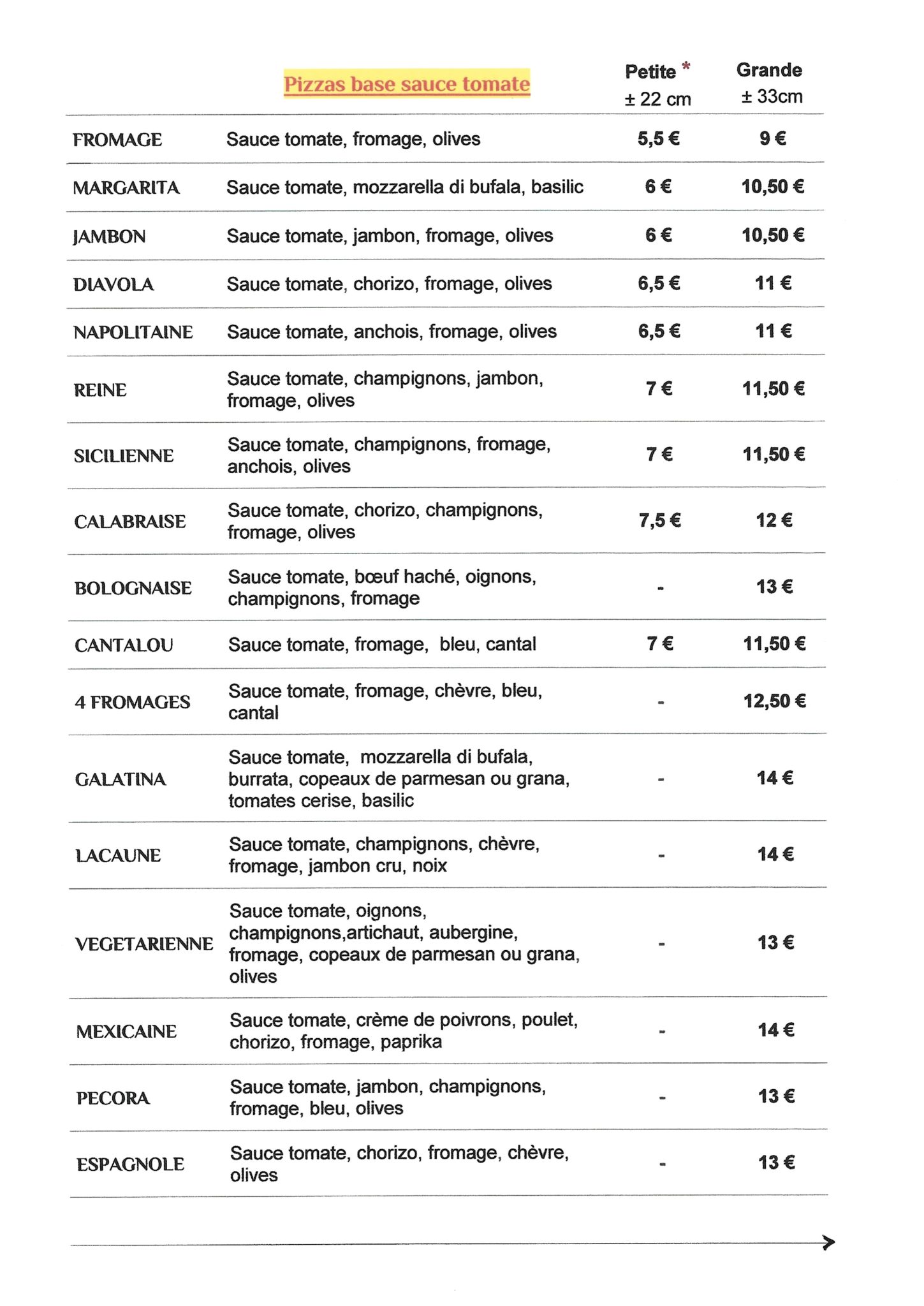 La carte des pizzas à emporter Divona Pizza