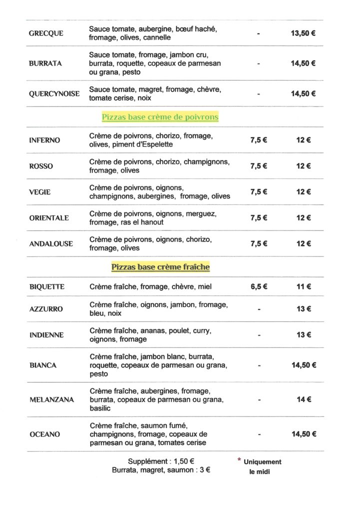 La carte des pizzas à emporter Divona Pizza